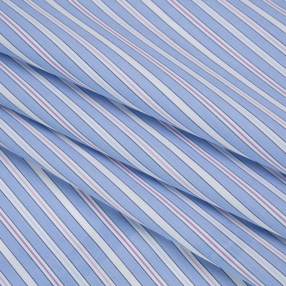 Cotton Twill Shirting - Air Blue, Lavender and White Stripes - Deadstock Cotton Twill Shirting - Air Blue, Lavender and White Stripes - Deadstock