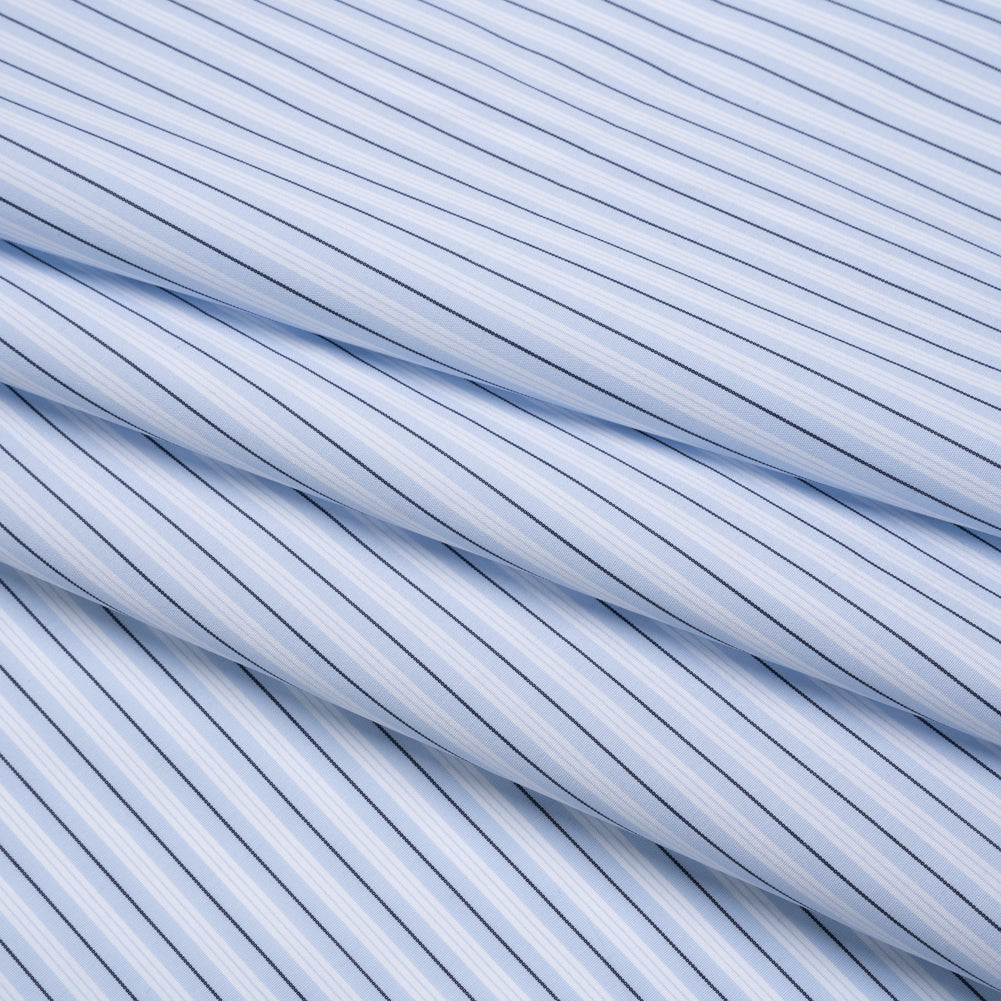Cotton Poplin Shirting - Sky Blue, Black and White Stripes - Deadstock Cotton Poplin Shirting - Sky Blue, Black and White Stripes - Deadstock