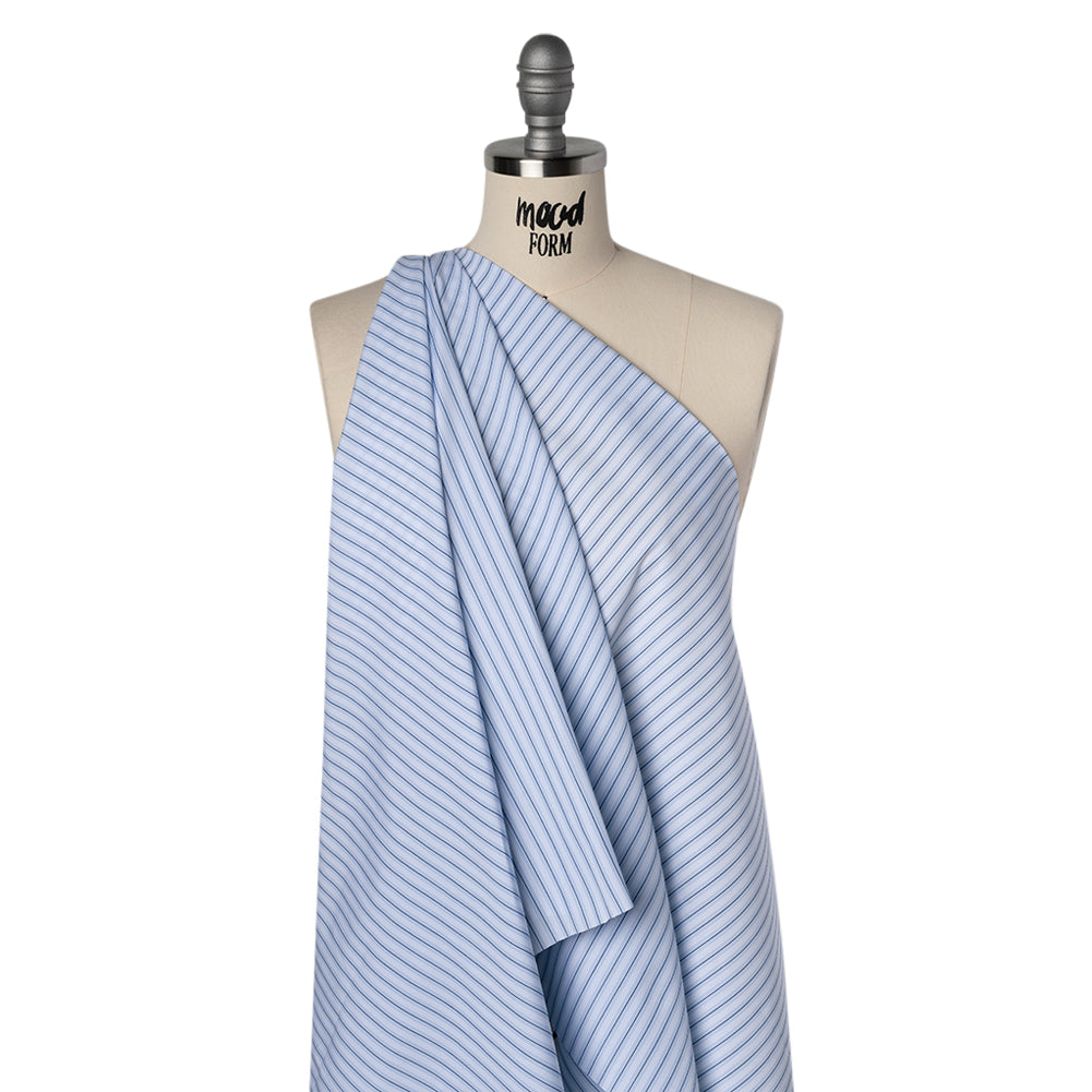 Cotton Poplin Shirting - Sky Blue, Black and White Stripes - Deadstock Cotton Poplin Shirting - Sky Blue, Black and White Stripes - Deadstock