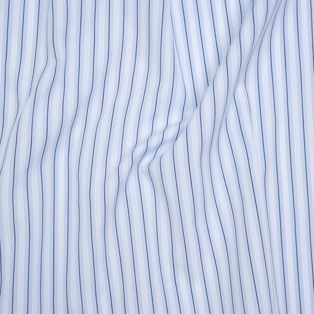 Cotton Poplin Shirting - Sky Blue, Black and White Stripes - Deadstock Cotton Poplin Shirting - Sky Blue, Black and White Stripes - Deadstock