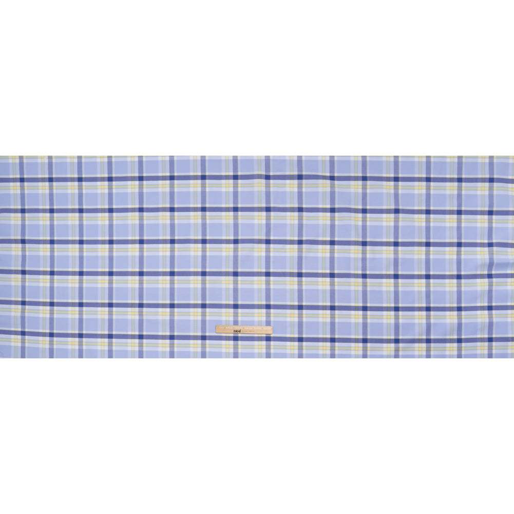 Cotton Oxford Shirting - Sky Blue, Cobalt and Yellow Plaid - Deadstock Cotton Oxford Shirting - Sky Blue, Cobalt and Yellow Plaid - Deadstock