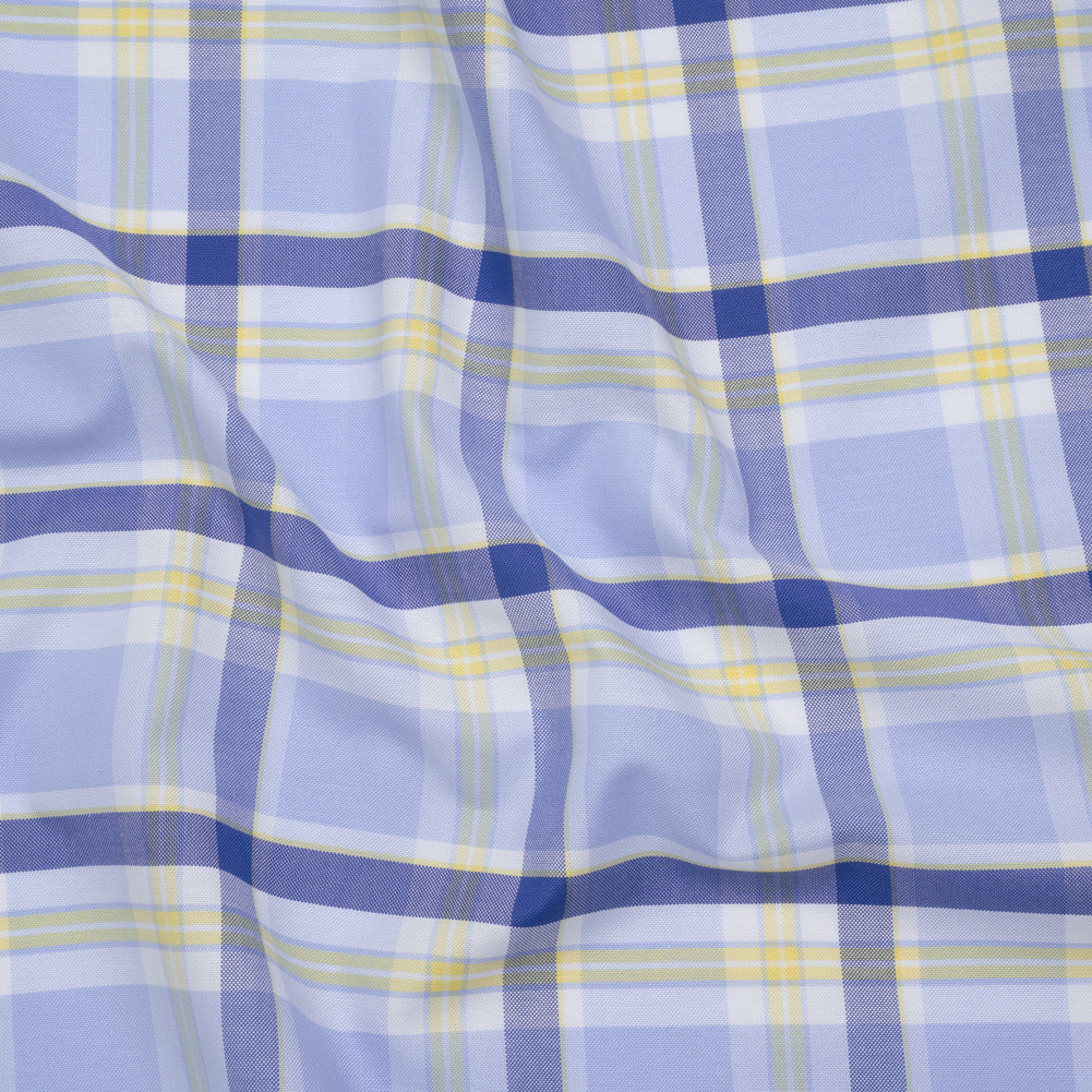 Cotton Oxford Shirting - Sky Blue, Cobalt and Yellow Plaid - Deadstock Cotton Oxford Shirting - Sky Blue, Cobalt and Yellow Plaid - Deadstock