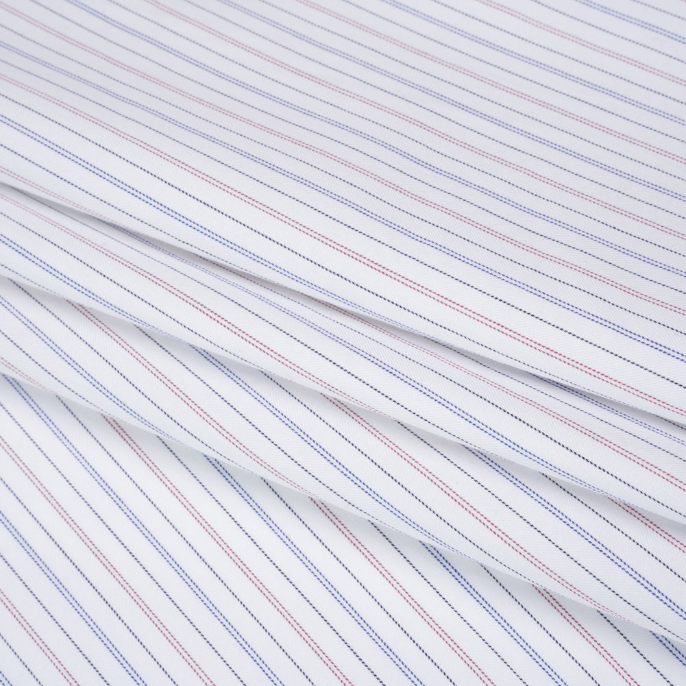 Cotton Herringbone Twill Shirting - White, Blue and Red Pinstripes - Deadstock Cotton Herringbone Twill Shirting - White, Blue and Red Pinstripes - Deadstock