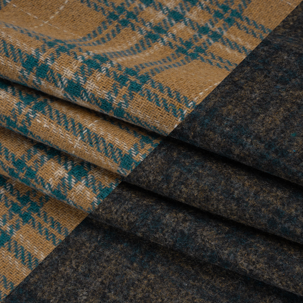 Wool Blend Double Faced Coating Made in Italy - Tan, Dark Teal and Charcoal Plaid - Deadstock Wool Blend Double Faced Coating Made in Italy - Tan, Dark Teal and Charcoal Plaid - Deadstock