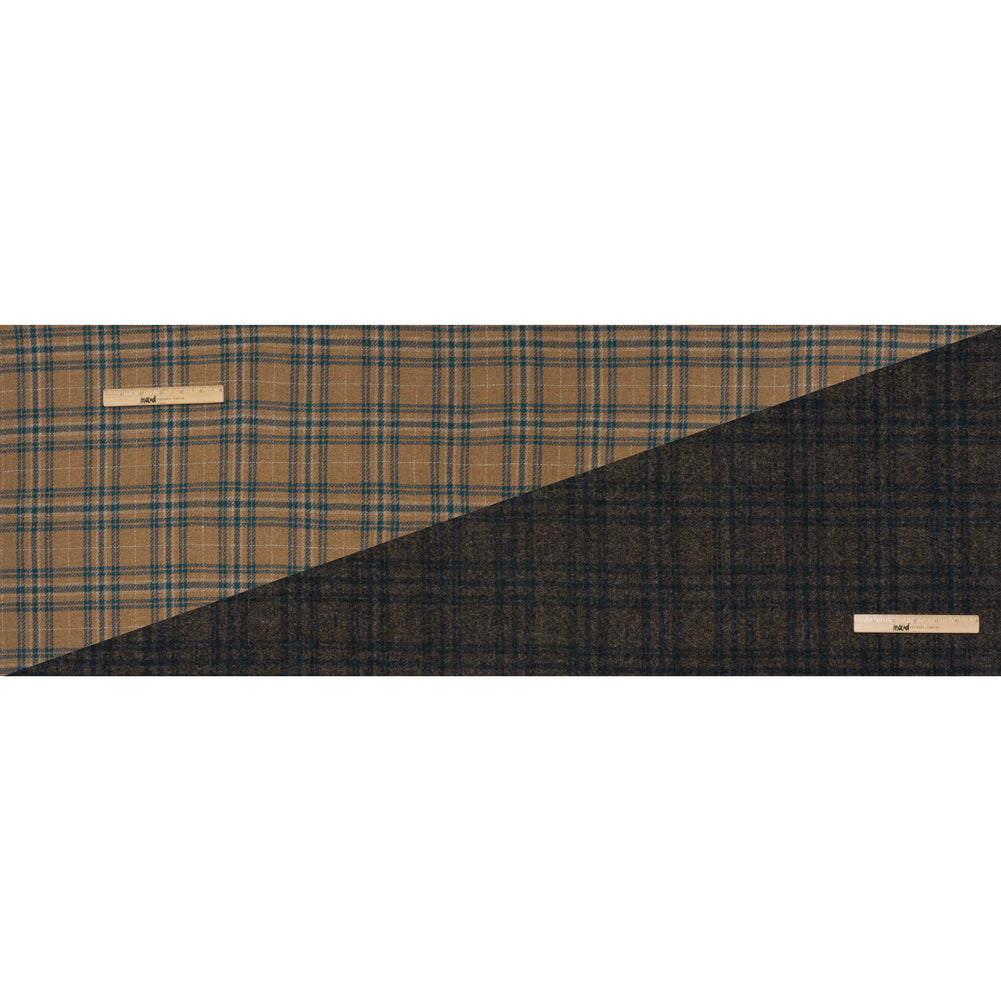 Wool Blend Double Faced Coating Made in Italy - Tan, Dark Teal and Charcoal Plaid - Deadstock Wool Blend Double Faced Coating Made in Italy - Tan, Dark Teal and Charcoal Plaid - Deadstock