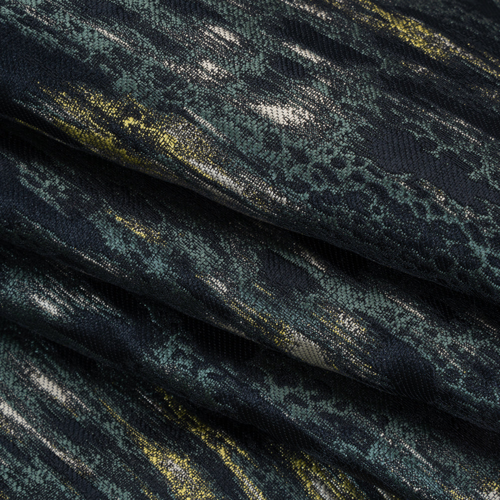 Polyester Brocade Made in Italy - Navy, Muted Blue and Lime Green Abstract Water Ripples - Deadstock Polyester Brocade Made in Italy - Navy, Muted Blue and Lime Green Abstract Water Ripples - Deadstock