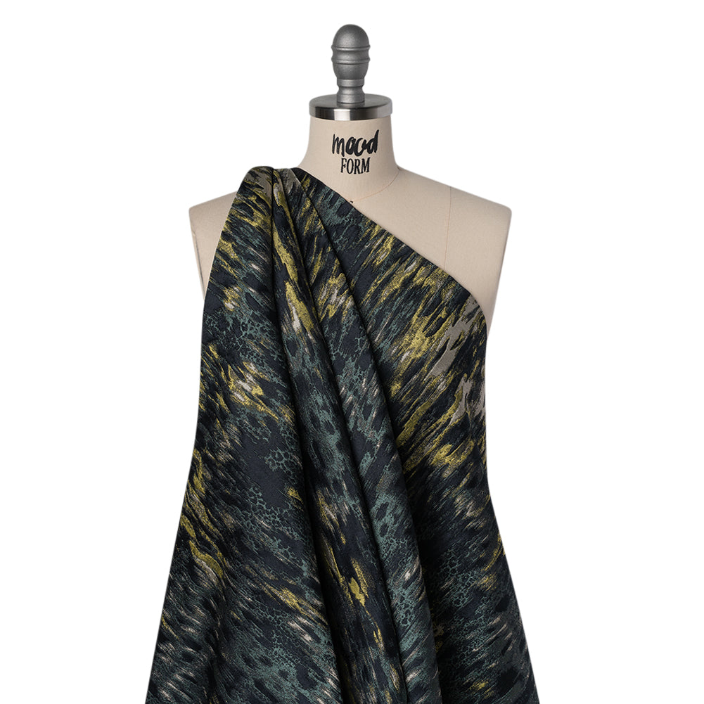 Polyester Brocade Made in Italy - Navy, Muted Blue and Lime Green Abstract Water Ripples - Deadstock Polyester Brocade Made in Italy - Navy, Muted Blue and Lime Green Abstract Water Ripples - Deadstock