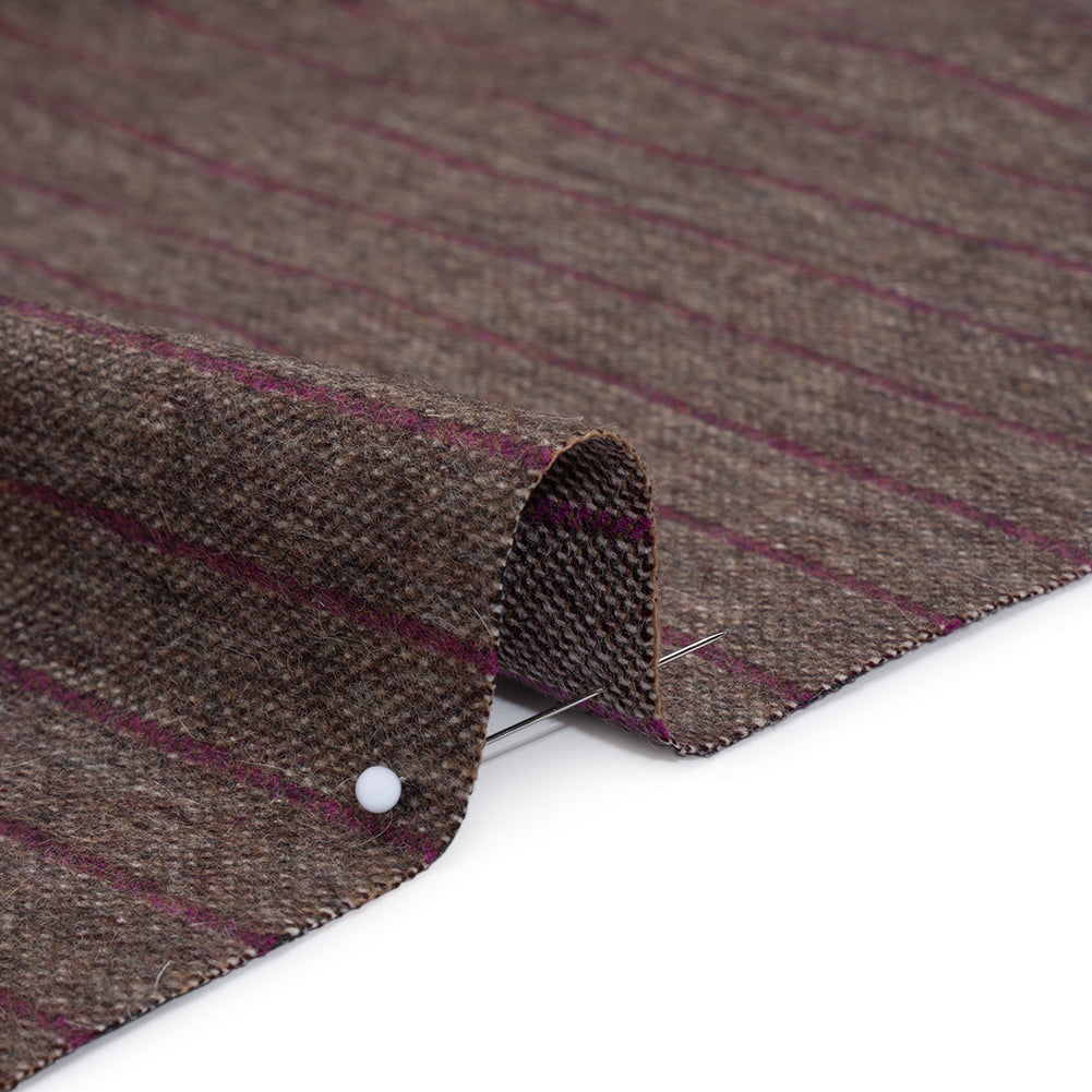 Brushed Wool Twill Made in Italy - Fuchsia and Brown Chalk Stripes - Deadstock Brushed Wool Twill Made in Italy - Fuchsia and Brown Chalk Stripes - Deadstock
