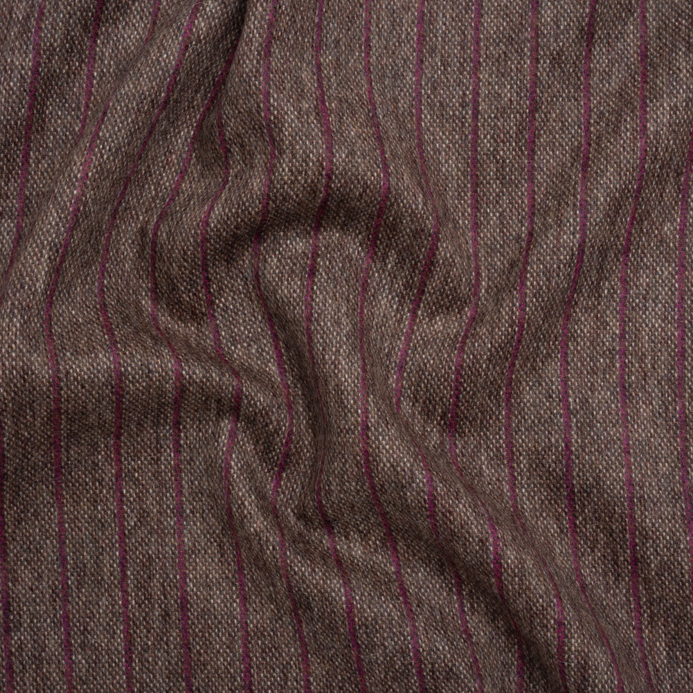 Brushed Wool Twill Made in Italy - Fuchsia and Brown Chalk Stripes - Deadstock Brushed Wool Twill Made in Italy - Fuchsia and Brown Chalk Stripes - Deadstock