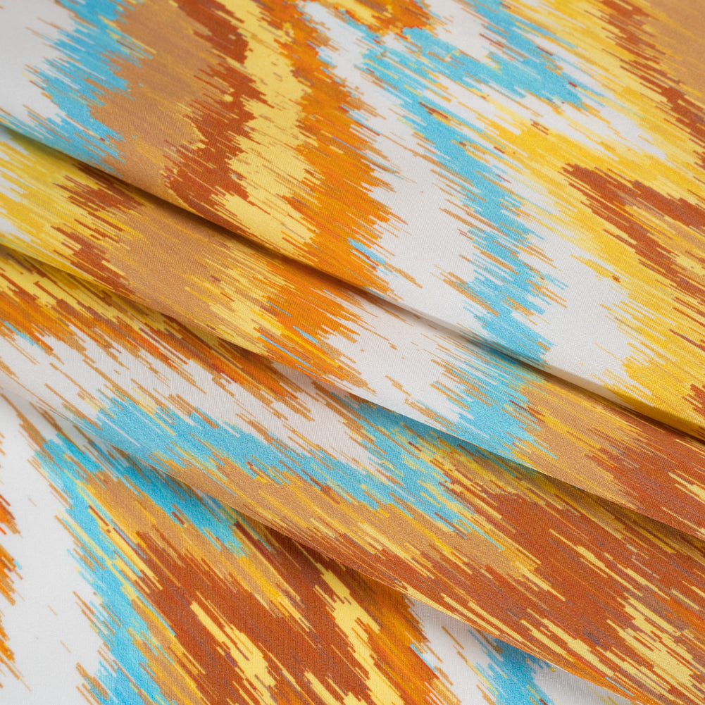 Silk Charmeuse Print 16MM, Made in Italy - Orange, Yellow and Turquoise Ikat Marbled Waves Silk Charmeuse Print 16MM, Made in Italy - Orange, Yellow and Turquoise Ikat Marbled Waves