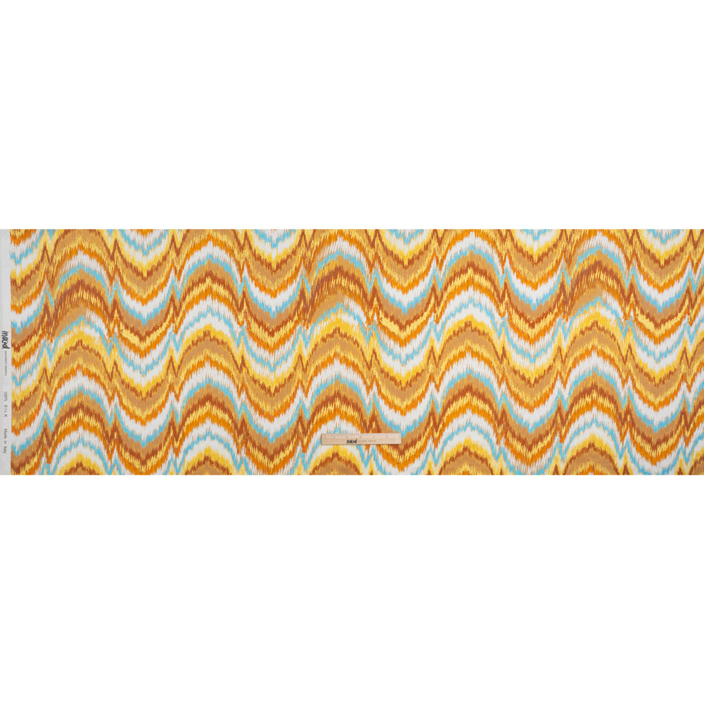Silk Charmeuse Print 16MM, Made in Italy - Orange, Yellow and Turquoise Ikat Marbled Waves Silk Charmeuse Print 16MM, Made in Italy - Orange, Yellow and Turquoise Ikat Marbled Waves