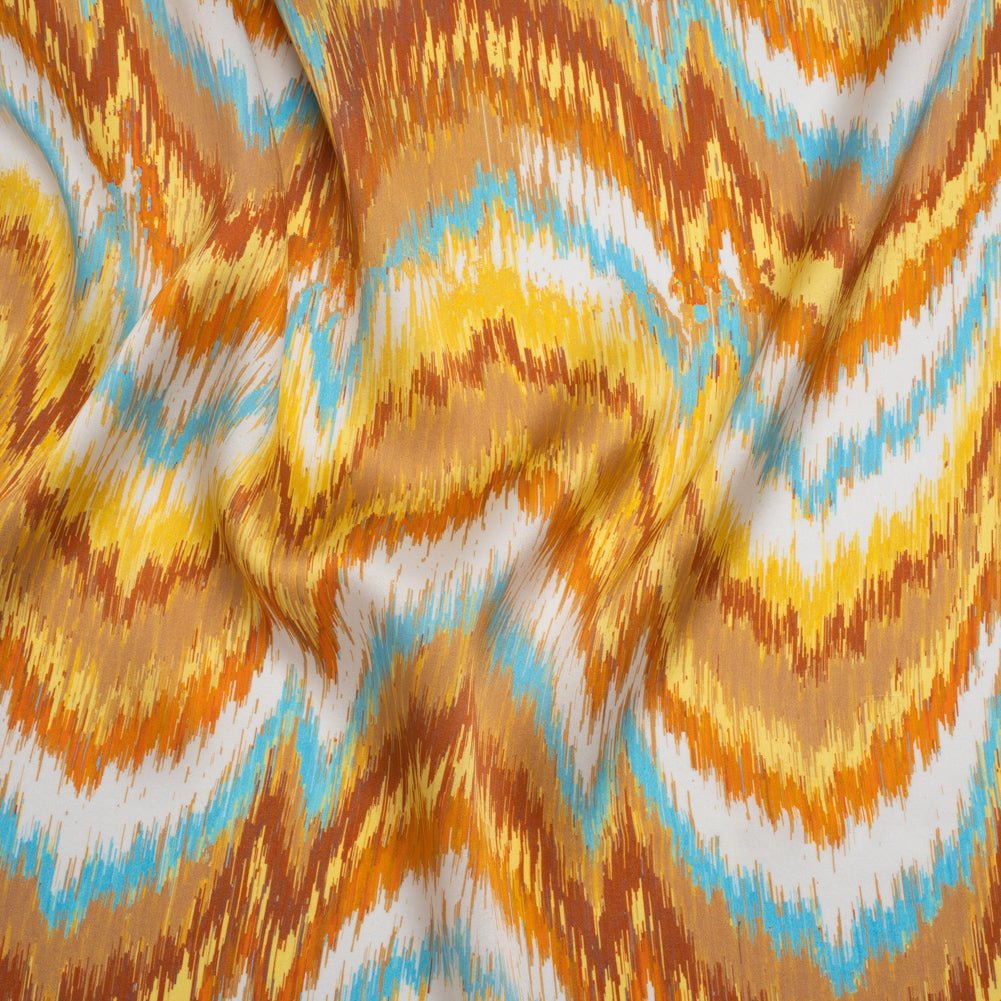 Silk Charmeuse Print 16MM, Made in Italy - Orange, Yellow and Turquoise Ikat Marbled Waves Silk Charmeuse Print 16MM, Made in Italy - Orange, Yellow and Turquoise Ikat Marbled Waves