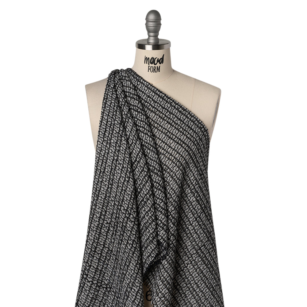Metallic Polyester and Cotton Boucle Tweed - Black, Light Gray and Silver Stripes - Deadstock Drape Metallic Polyester and Cotton Boucle Tweed - Black, Light Gray and Silver Stripes - Deadstock Drape