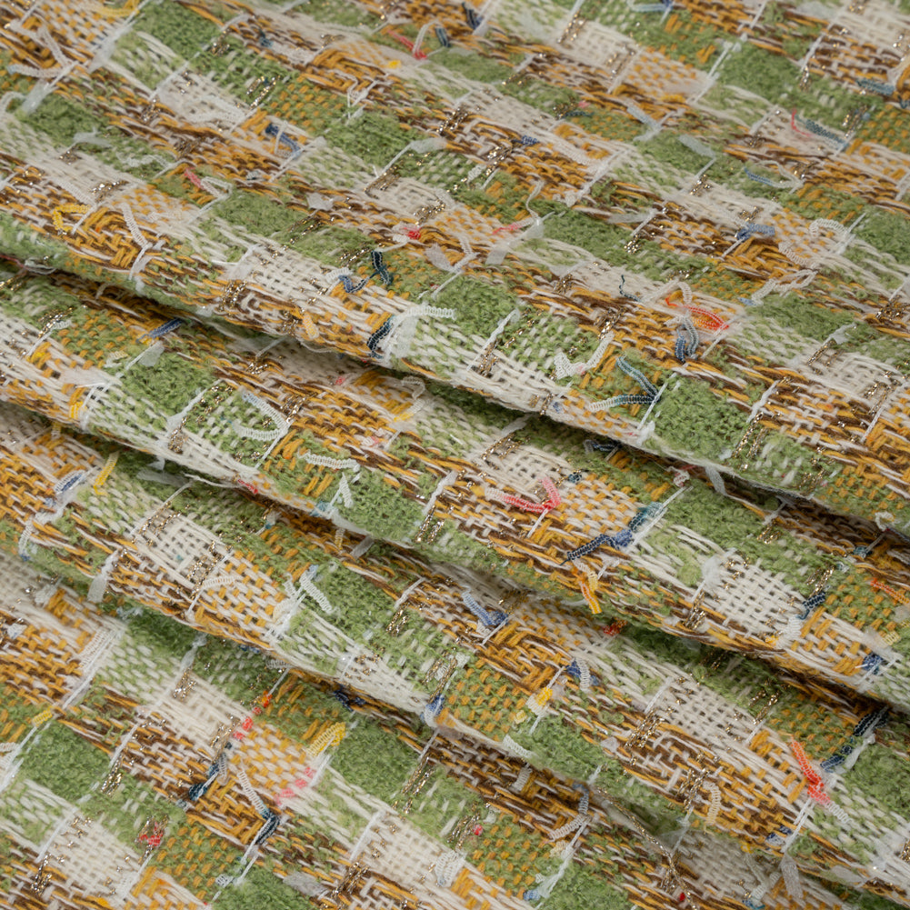 Metallic Polyester Boucle Tweed with Fringe - Avocado Green, Mustard and White Plaid - Deadstock Folded Metallic Polyester Boucle Tweed with Fringe - Avocado Green, Mustard and White Plaid - Deadstock Folded