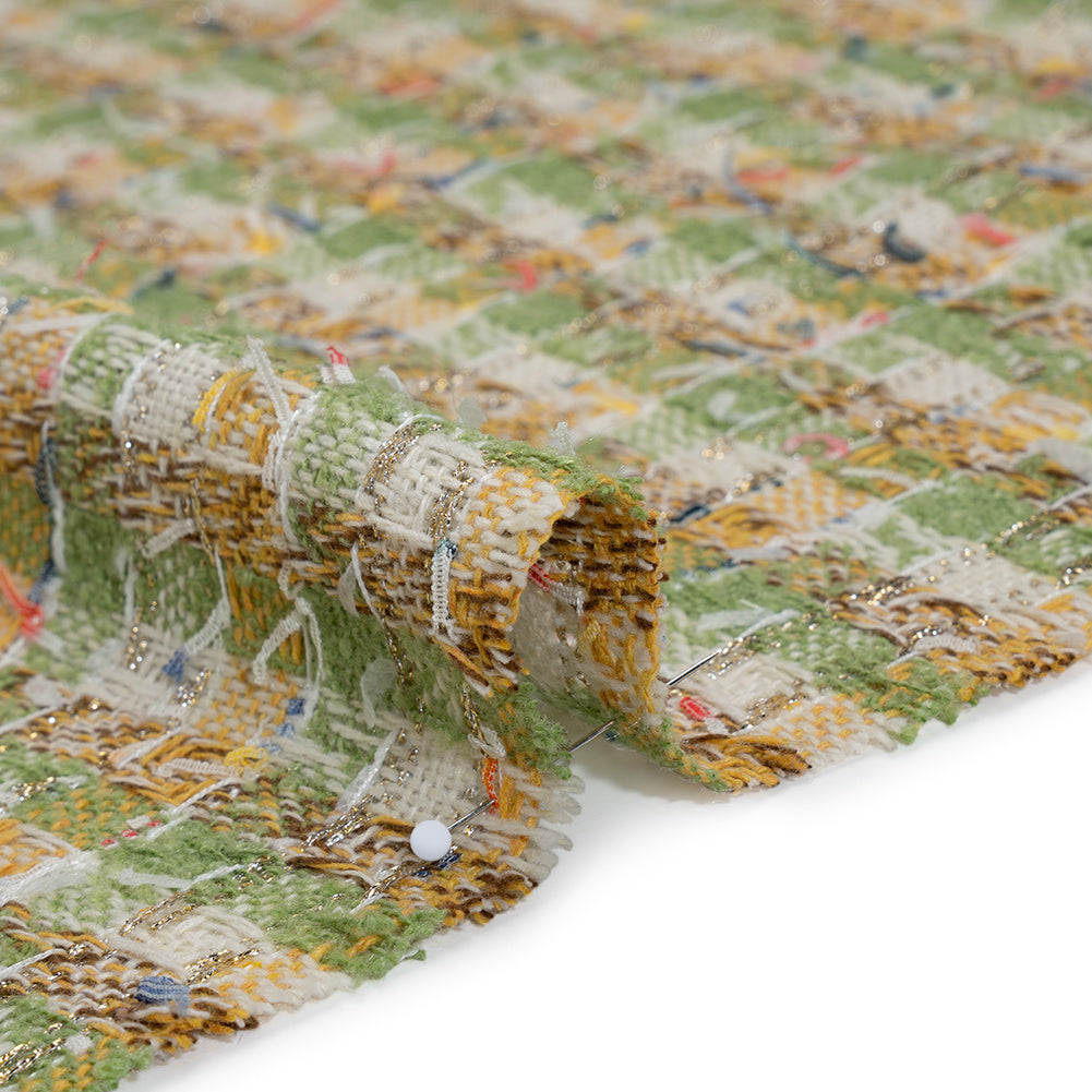 Metallic Polyester Boucle Tweed with Fringe - Avocado Green, Mustard and White Plaid - Deadstock Detail Metallic Polyester Boucle Tweed with Fringe - Avocado Green, Mustard and White Plaid - Deadstock Detail