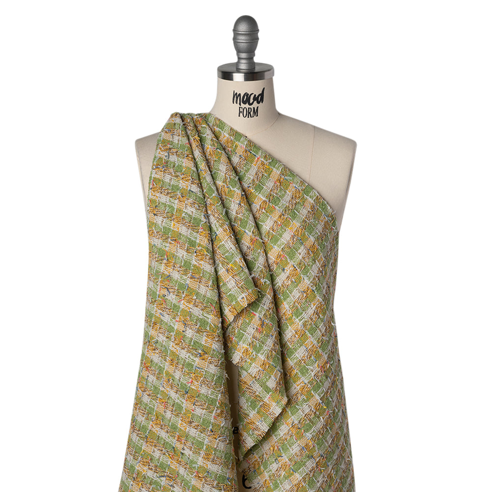 Metallic Polyester Boucle Tweed with Fringe - Avocado Green, Mustard and White Plaid - Deadstock Drape Metallic Polyester Boucle Tweed with Fringe - Avocado Green, Mustard and White Plaid - Deadstock Drape