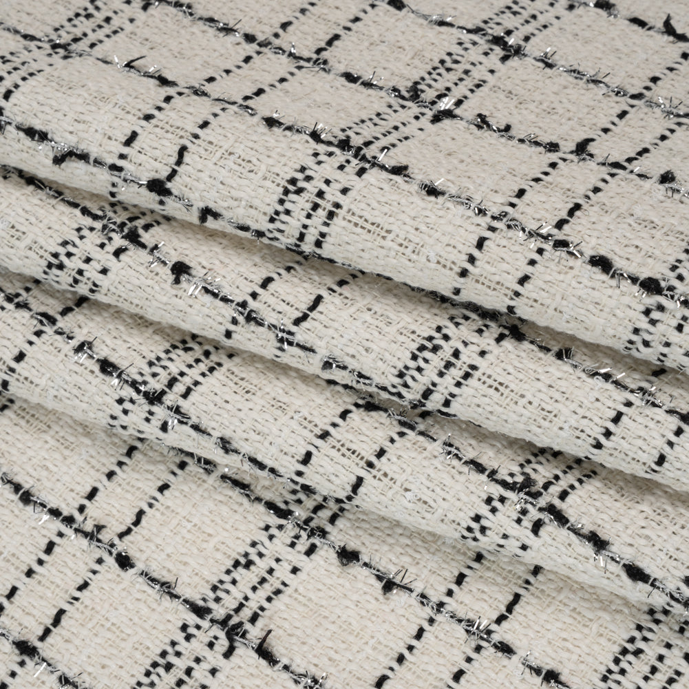 Polyester Tweed with Metallic Eyelash Fringe - Cream, Black and Silver Plaid - Deadstock Folded Polyester Tweed with Metallic Eyelash Fringe - Cream, Black and Silver Plaid - Deadstock Folded