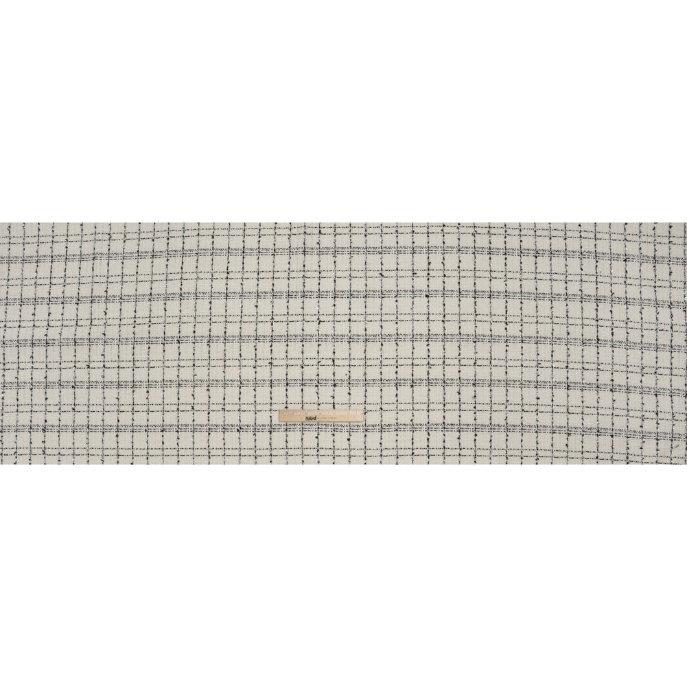 Polyester Tweed with Metallic Eyelash Fringe - Cream, Black and Silver Plaid - Deadstock - Full Polyester Tweed with Metallic Eyelash Fringe - Cream, Black and Silver Plaid - Deadstock - Full