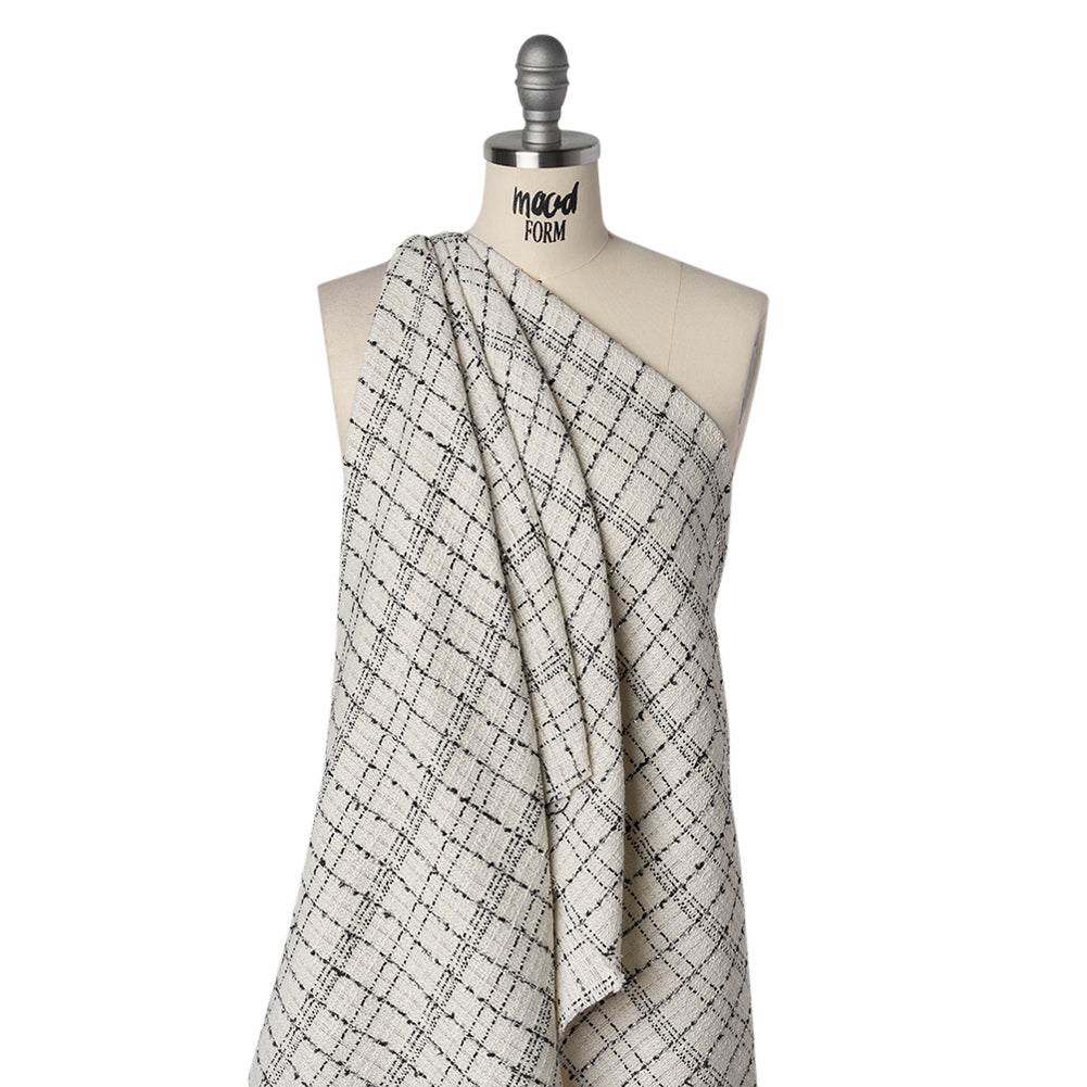 Polyester Tweed with Metallic Eyelash Fringe - Cream, Black and Silver Plaid - Deadstock Drape Polyester Tweed with Metallic Eyelash Fringe - Cream, Black and Silver Plaid - Deadstock Drape
