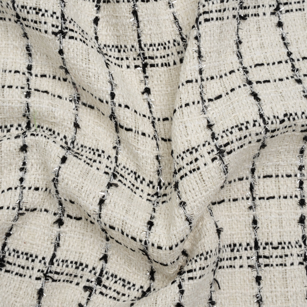 Polyester Tweed with Metallic Eyelash Fringe - Cream, Black and Silver Plaid - Deadstock Polyester Tweed with Metallic Eyelash Fringe - Cream, Black and Silver Plaid - Deadstock