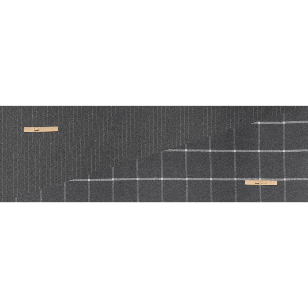Brushed Wool Blend Double Cloth Coating - Heathered Gray and White Chalk Stripes and Windowpane Checks - Deadstock - Full Brushed Wool Blend Double Cloth Coating - Heathered Gray and White Chalk Stripes and Windowpane Checks - Deadstock - Full