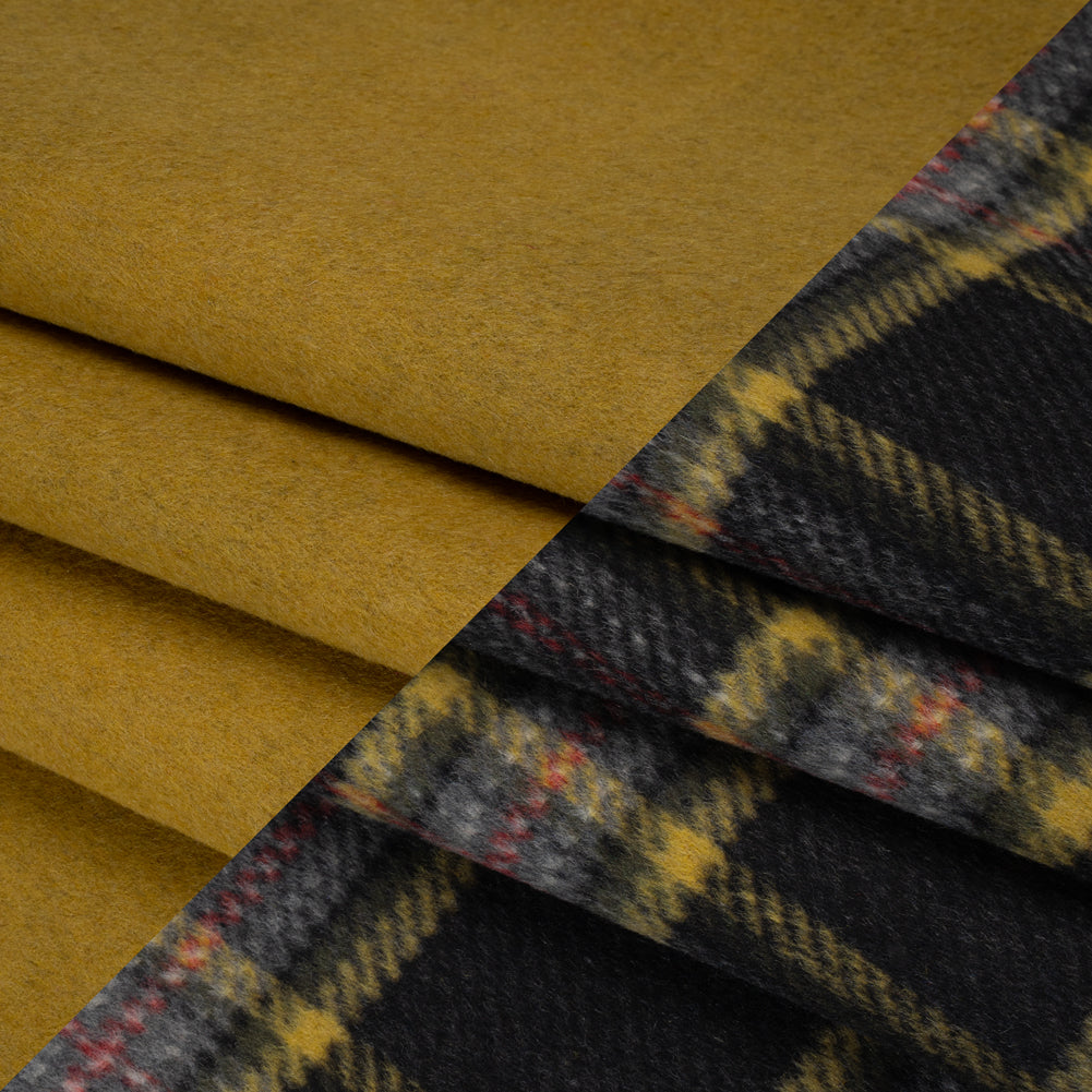 Brushed Wool Blend Double Cloth Coating - Mustard Yellow, Dark Gray and Red Plaid - Deadstock Folded Brushed Wool Blend Double Cloth Coating - Mustard Yellow, Dark Gray and Red Plaid - Deadstock Folded