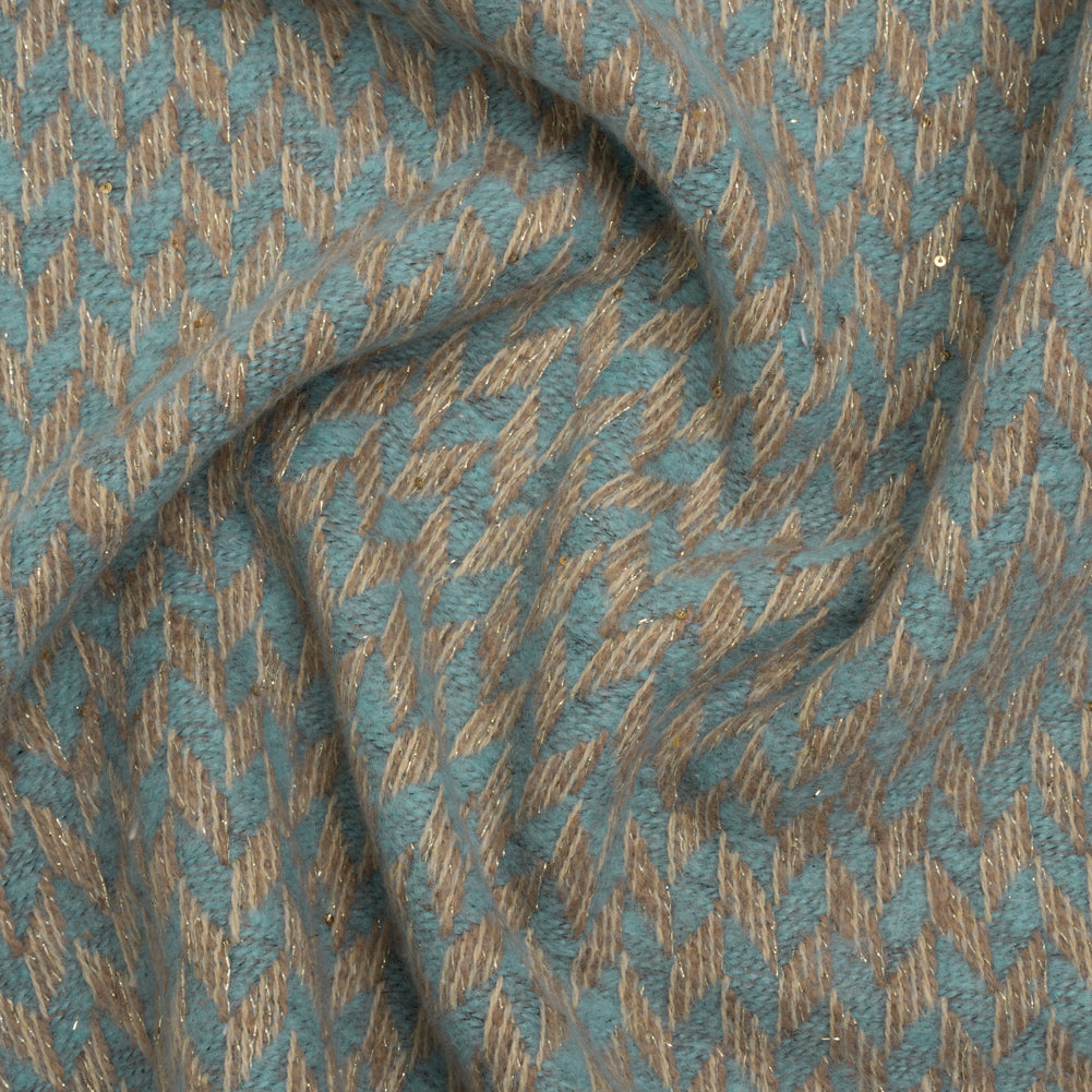Metallic Brushed Polyester Tweed with Baby Sequins - Baby Blue, Tan and Beige Geometric - Deadstock Metallic Brushed Polyester Tweed with Baby Sequins - Baby Blue, Tan and Beige Geometric - Deadstock