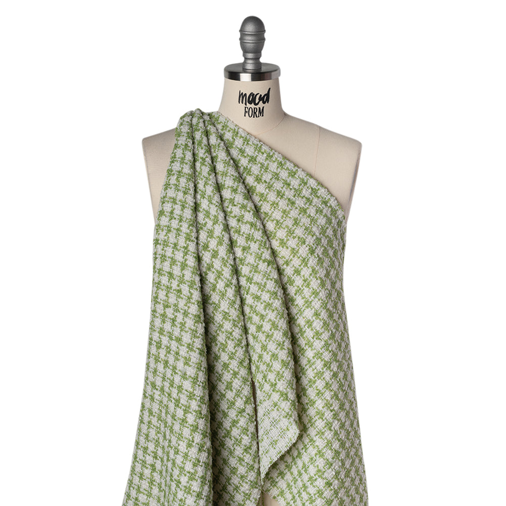 Polyester Boucle Tweed with Metallic Accents - Avocado Green, White and Silver Houndstooth - Deadstock Drape Polyester Boucle Tweed with Metallic Accents - Avocado Green, White and Silver Houndstooth - Deadstock Drape