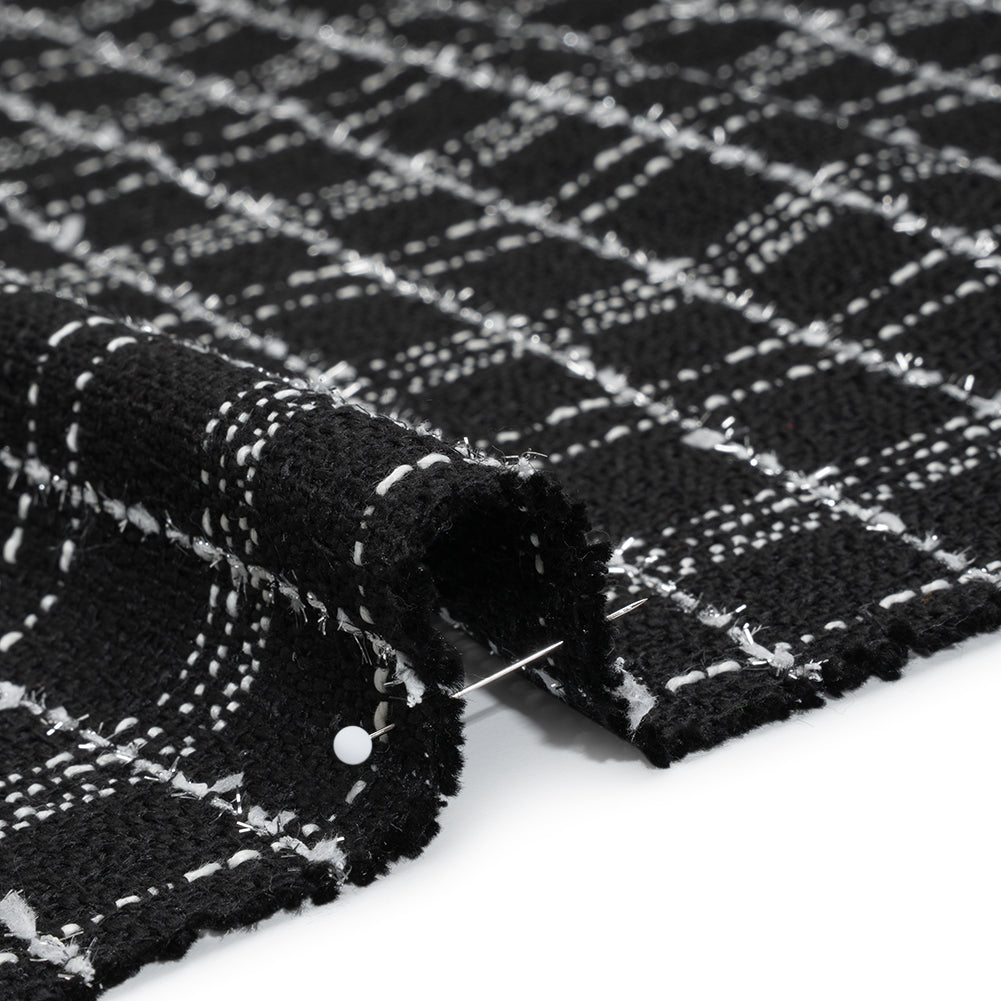 Polyester Tweed with Metallic Eyelash Fringe - Black, Off White and Silver Plaid - Deadstock Detail Polyester Tweed with Metallic Eyelash Fringe - Black, Off White and Silver Plaid - Deadstock Detail