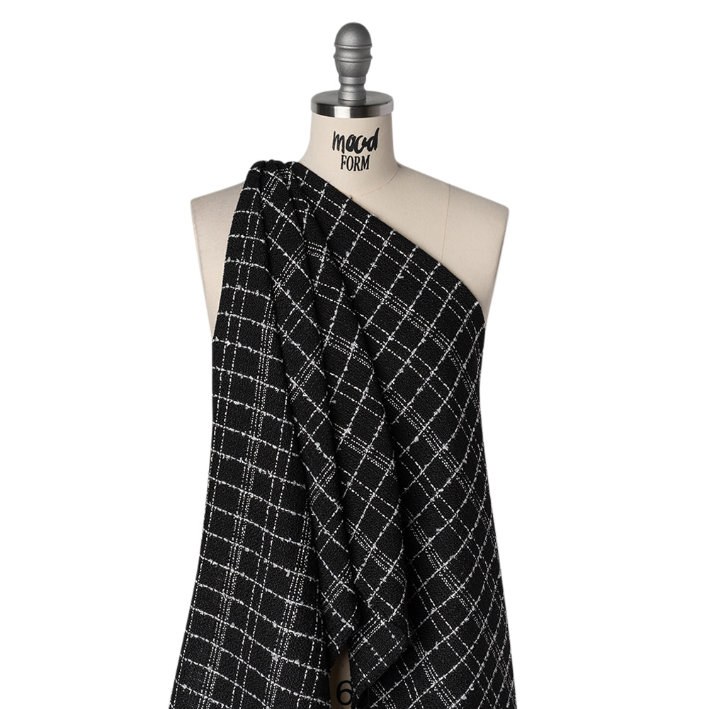 Polyester Tweed with Metallic Eyelash Fringe - Black, Off White and Silver Plaid - Deadstock Drape Polyester Tweed with Metallic Eyelash Fringe - Black, Off White and Silver Plaid - Deadstock Drape