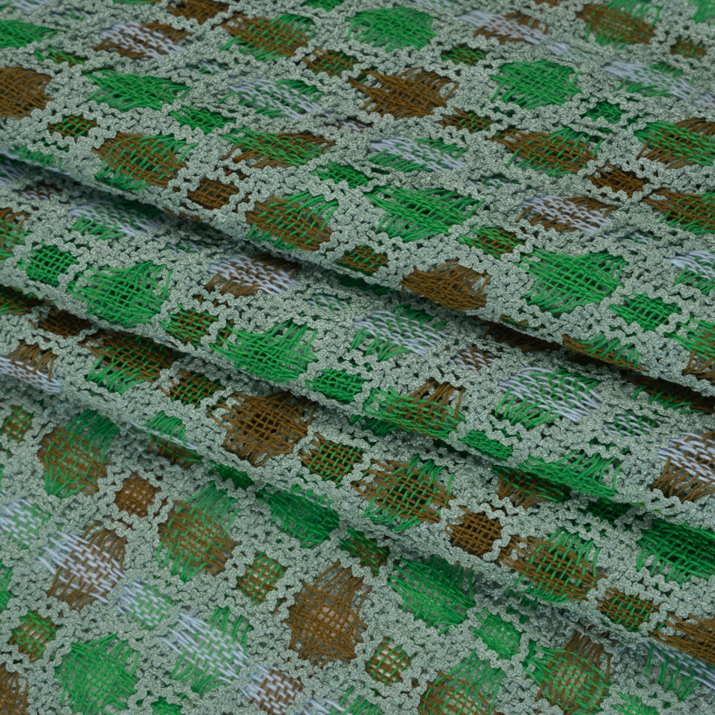 Polyester Boucle Tweed - Kelly Green, Brown and Dark Seafoam Plaid - Deadstock Folded Polyester Boucle Tweed - Kelly Green, Brown and Dark Seafoam Plaid - Deadstock Folded