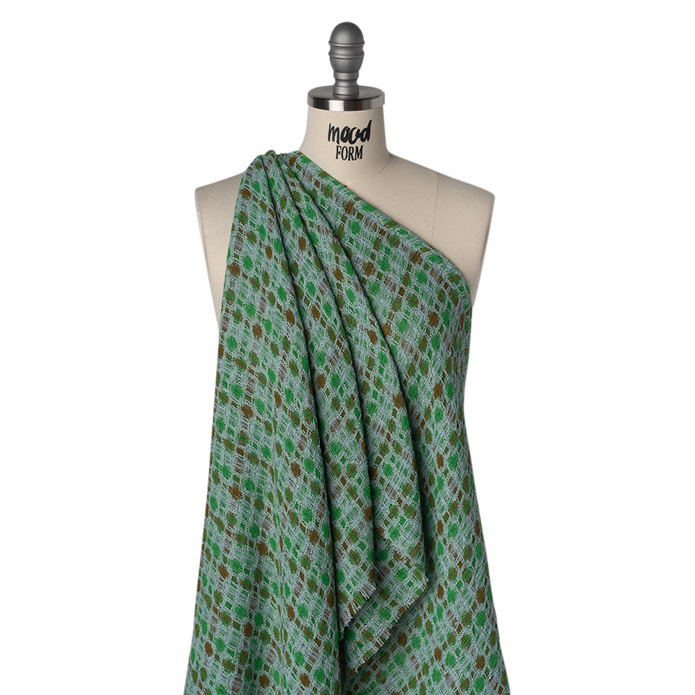 Polyester Boucle Tweed - Kelly Green, Brown and Dark Seafoam Plaid - Deadstock Drape Polyester Boucle Tweed - Kelly Green, Brown and Dark Seafoam Plaid - Deadstock Drape