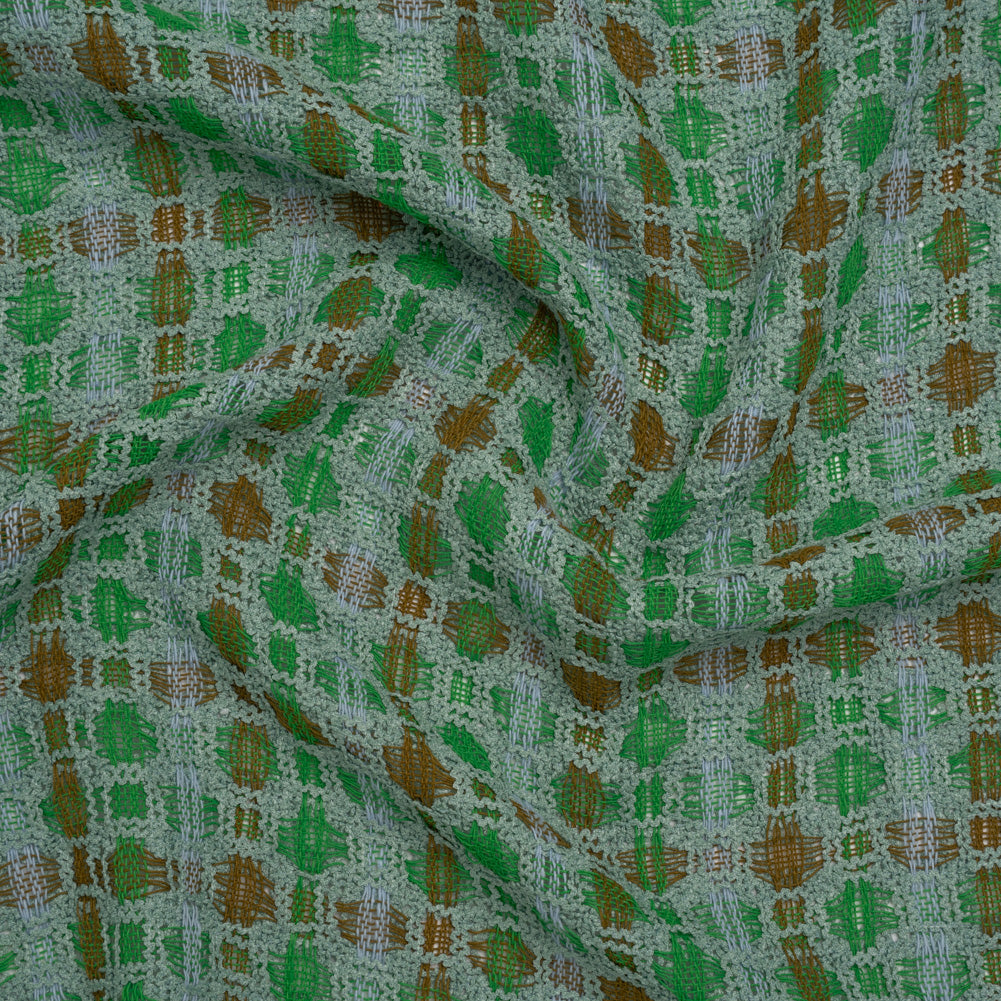Polyester Boucle Tweed - Kelly Green, Brown and Dark Seafoam Plaid - Deadstock Polyester Boucle Tweed - Kelly Green, Brown and Dark Seafoam Plaid - Deadstock