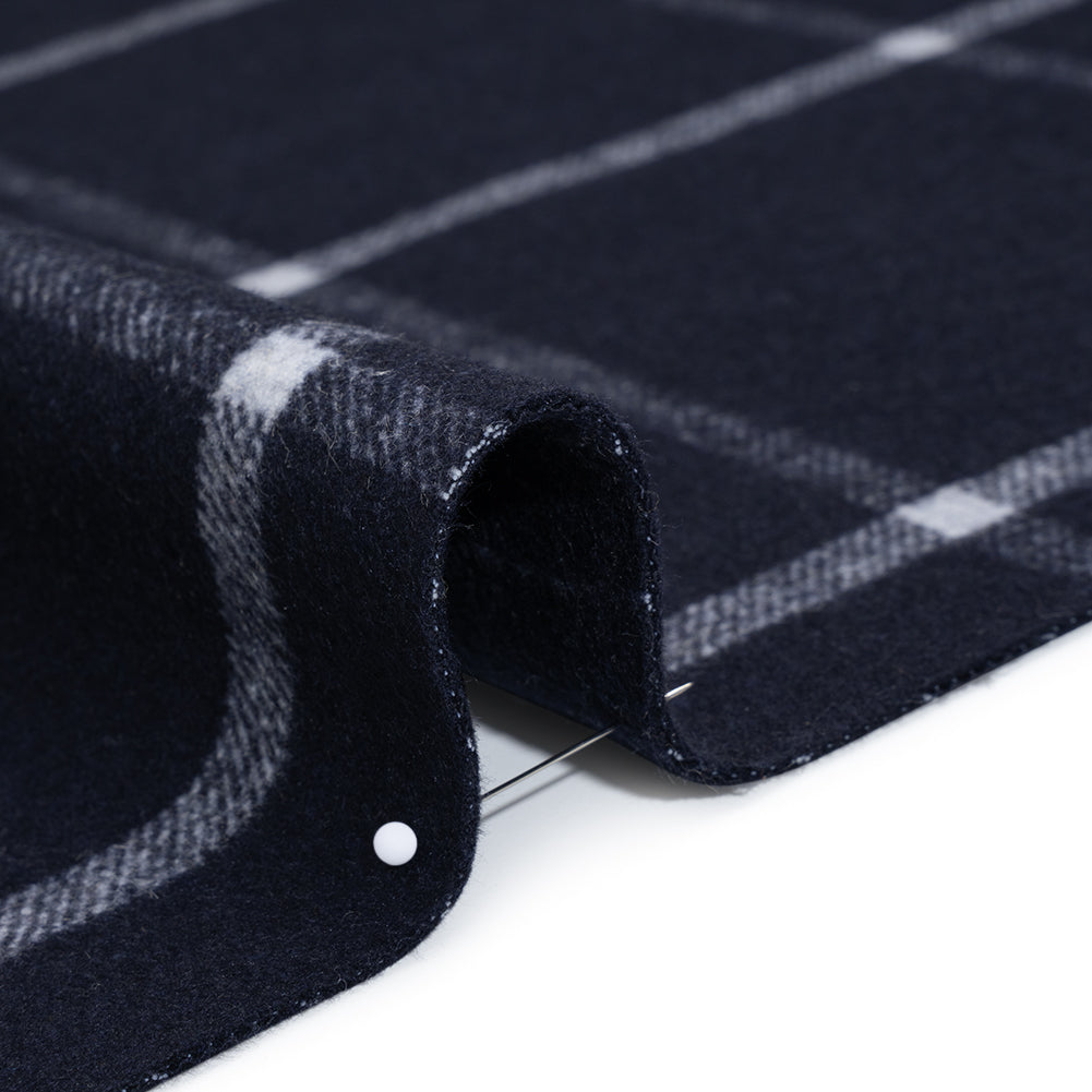 Brushed Wool Blend Double Cloth Coating - Navy Blue and White Chalk Stripes and Windowpane Checks - Deadstock Detail Brushed Wool Blend Double Cloth Coating - Navy Blue and White Chalk Stripes and Windowpane Checks - Deadstock Detail
