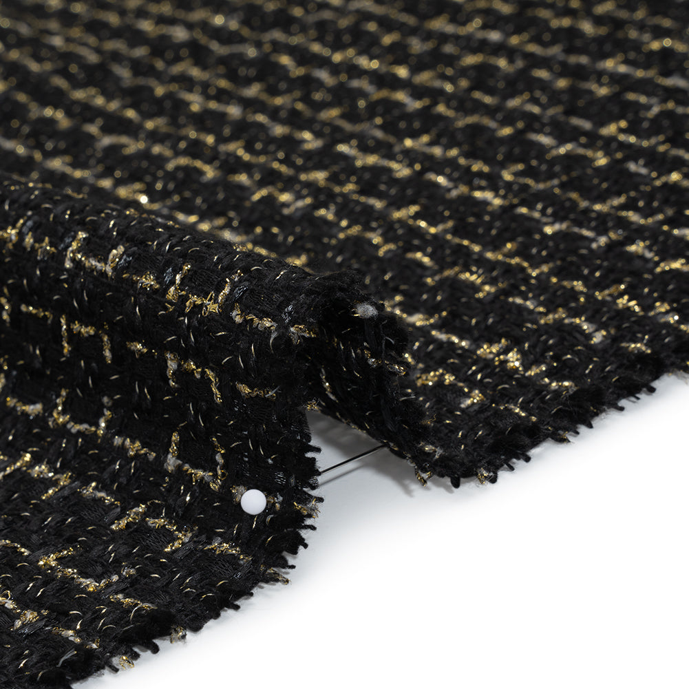 Polyester Tweed with Metallic Accents - Black and Gold Checks - Deadstock Detail Polyester Tweed with Metallic Accents - Black and Gold Checks - Deadstock Detail