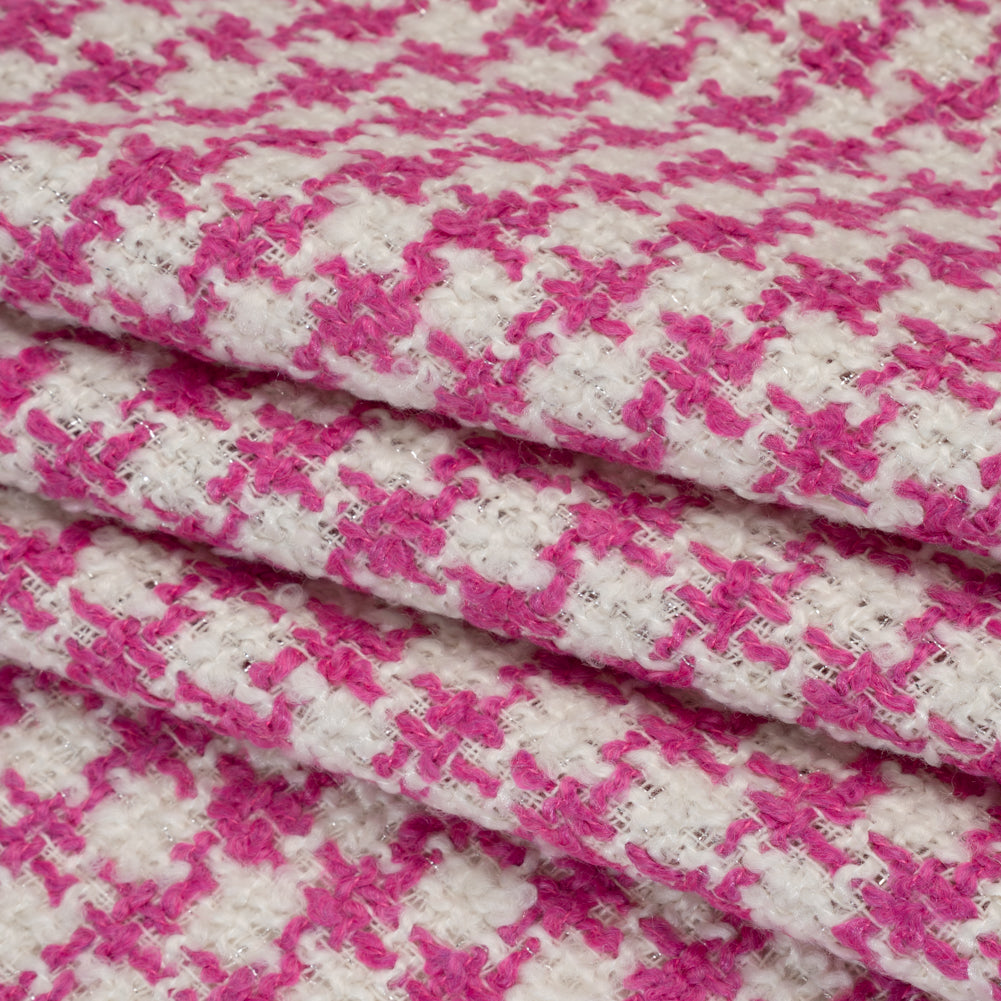 Polyester Boucle Tweed with Metallic Accents - Fuchsia, White and Silver Houndstooth - Deadstock Folded Polyester Boucle Tweed with Metallic Accents - Fuchsia, White and Silver Houndstooth - Deadstock Folded