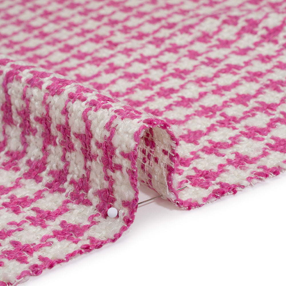 Polyester Boucle Tweed with Metallic Accents - Fuchsia, White and Silver Houndstooth - Deadstock Detail Polyester Boucle Tweed with Metallic Accents - Fuchsia, White and Silver Houndstooth - Deadstock Detail