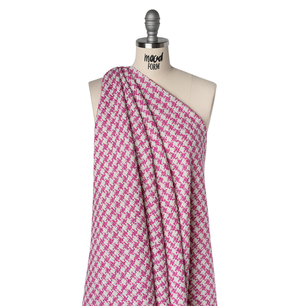 Polyester Boucle Tweed with Metallic Accents - Fuchsia, White and Silver Houndstooth - Deadstock Drape Polyester Boucle Tweed with Metallic Accents - Fuchsia, White and Silver Houndstooth - Deadstock Drape