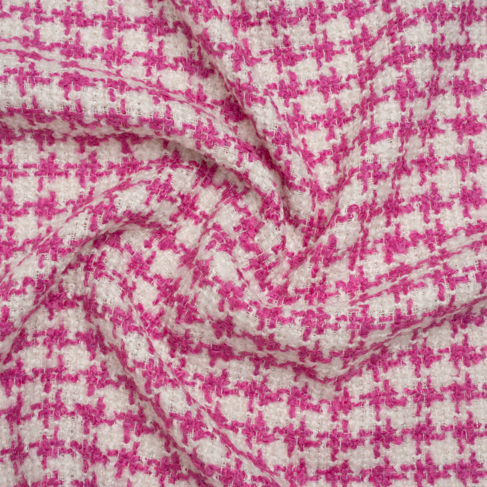 Polyester Boucle Tweed with Metallic Accents - Fuchsia, White and Silver Houndstooth - Deadstock Polyester Boucle Tweed with Metallic Accents - Fuchsia, White and Silver Houndstooth - Deadstock