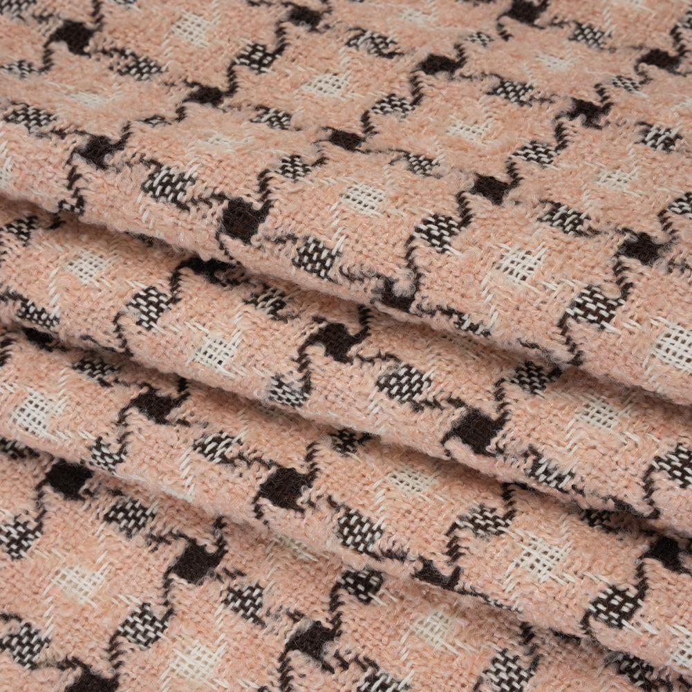 Polyester Boucle Tweed - Blush Pink, Dark Brown and White Houndstooth Check - Deadstock Folded Polyester Boucle Tweed - Blush Pink, Dark Brown and White Houndstooth Check - Deadstock Folded