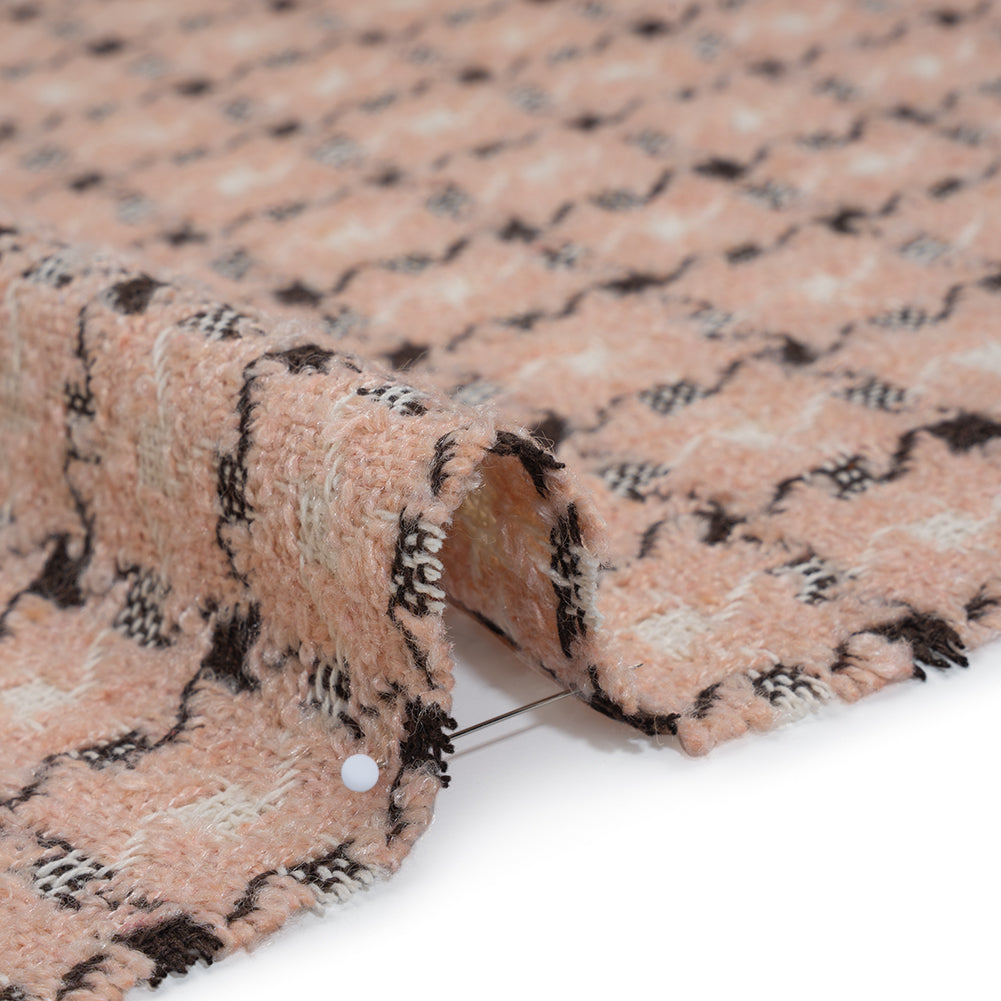 Polyester Boucle Tweed - Blush Pink, Dark Brown and White Houndstooth Check - Deadstock Detail Polyester Boucle Tweed - Blush Pink, Dark Brown and White Houndstooth Check - Deadstock Detail