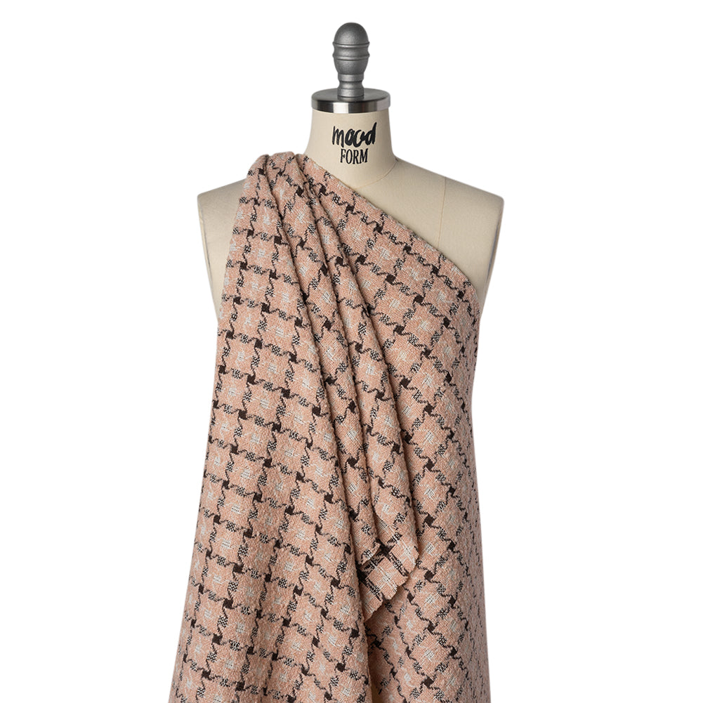 Polyester Boucle Tweed - Blush Pink, Dark Brown and White Houndstooth Check - Deadstock Drape Polyester Boucle Tweed - Blush Pink, Dark Brown and White Houndstooth Check - Deadstock Drape