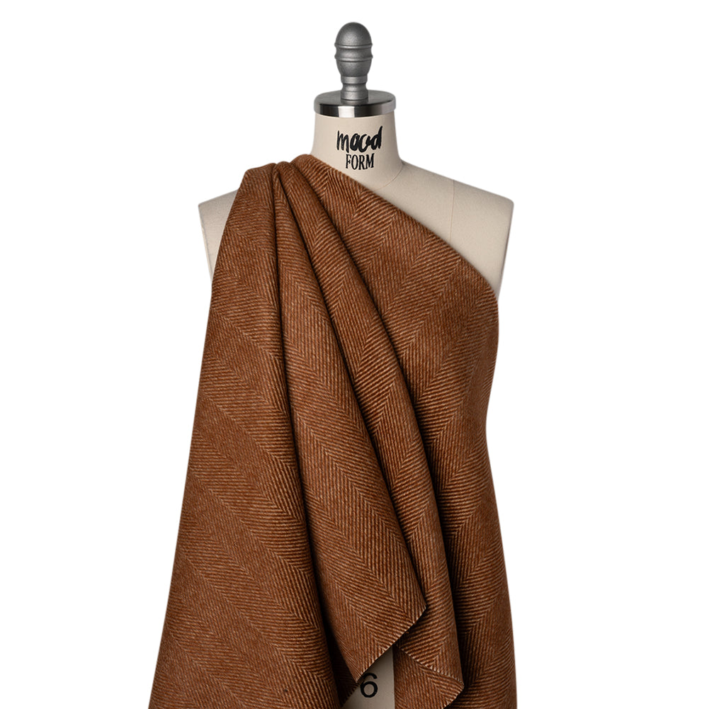 Brushed Wool Blend Twill Double Cloth Coating - Russet Brown and White Herringbone - Deadstock Drape Brushed Wool Blend Twill Double Cloth Coating - Russet Brown and White Herringbone - Deadstock Drape