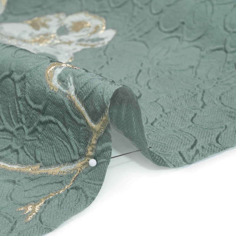 Metallic Polyester Brocade - Gray Blue and Gold Flowers on Flowers - Deadstock Detail Metallic Polyester Brocade - Gray Blue and Gold Flowers on Flowers - Deadstock Detail