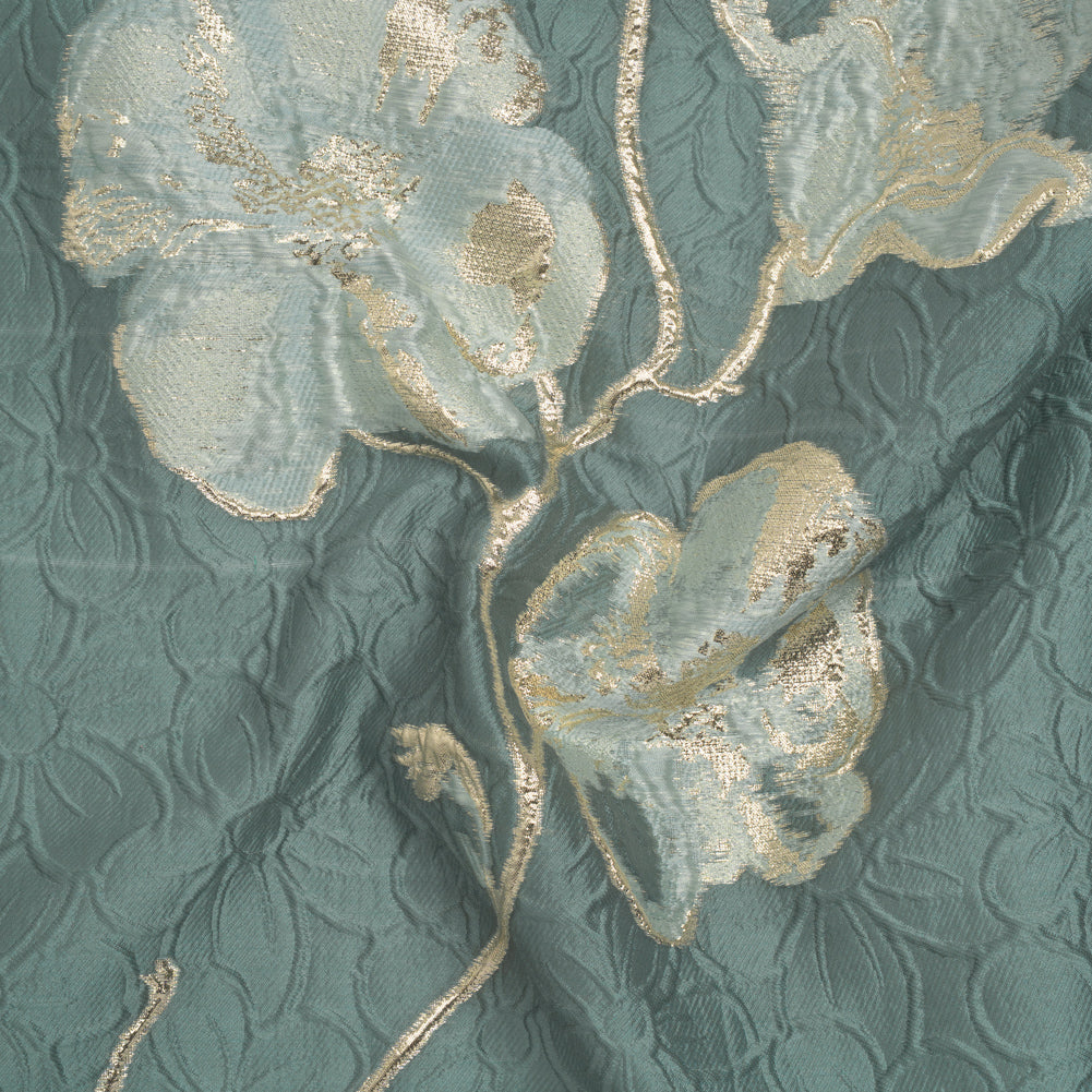 Metallic Polyester Brocade - Gray Blue and Gold Flowers on Flowers - Deadstock Metallic Polyester Brocade - Gray Blue and Gold Flowers on Flowers - Deadstock