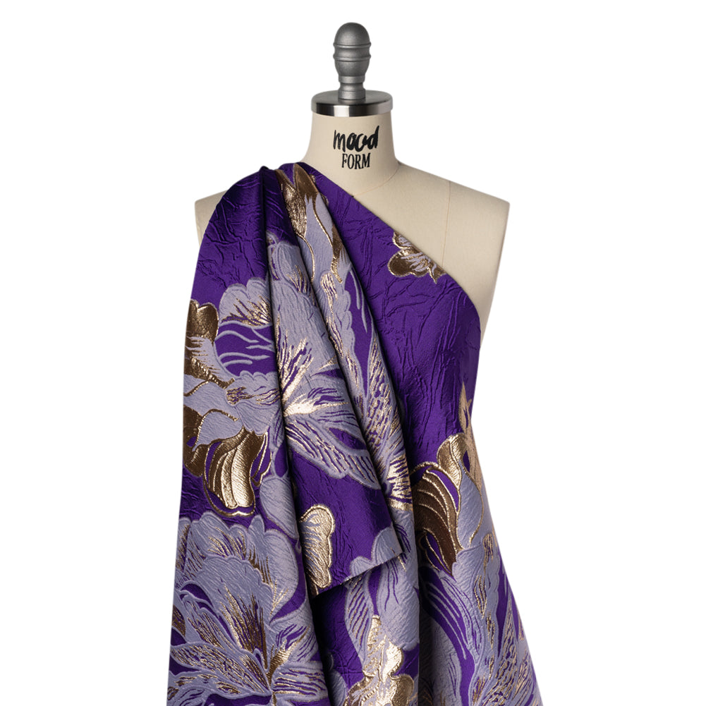Metallic Polyester Brocade - Royal Purple, Lilac and Gold Floral - Deadstock Drape Metallic Polyester Brocade - Royal Purple, Lilac and Gold Floral - Deadstock Drape