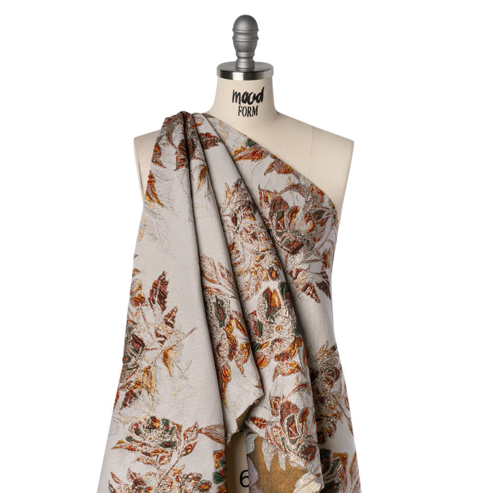 Metallic Polyester Brocade - Light Beige, Red Orange and Green Floral - Deadstock Drape Metallic Polyester Brocade - Light Beige, Red Orange and Green Floral - Deadstock Drape