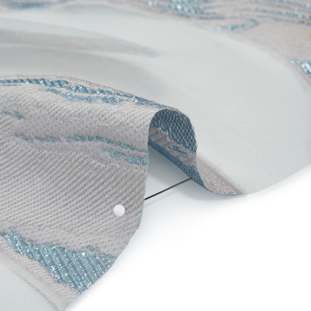 Metallic Polyester Burnout Brocade - Palest Pink and Light Blue Wavy Brushstrokes - Deadstock Detail Metallic Polyester Burnout Brocade - Palest Pink and Light Blue Wavy Brushstrokes - Deadstock Detail