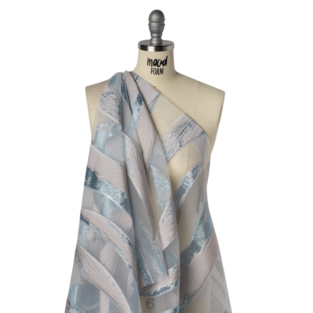 Metallic Polyester Burnout Brocade - Palest Pink and Light Blue Wavy Brushstrokes - Deadstock Drape Metallic Polyester Burnout Brocade - Palest Pink and Light Blue Wavy Brushstrokes - Deadstock Drape