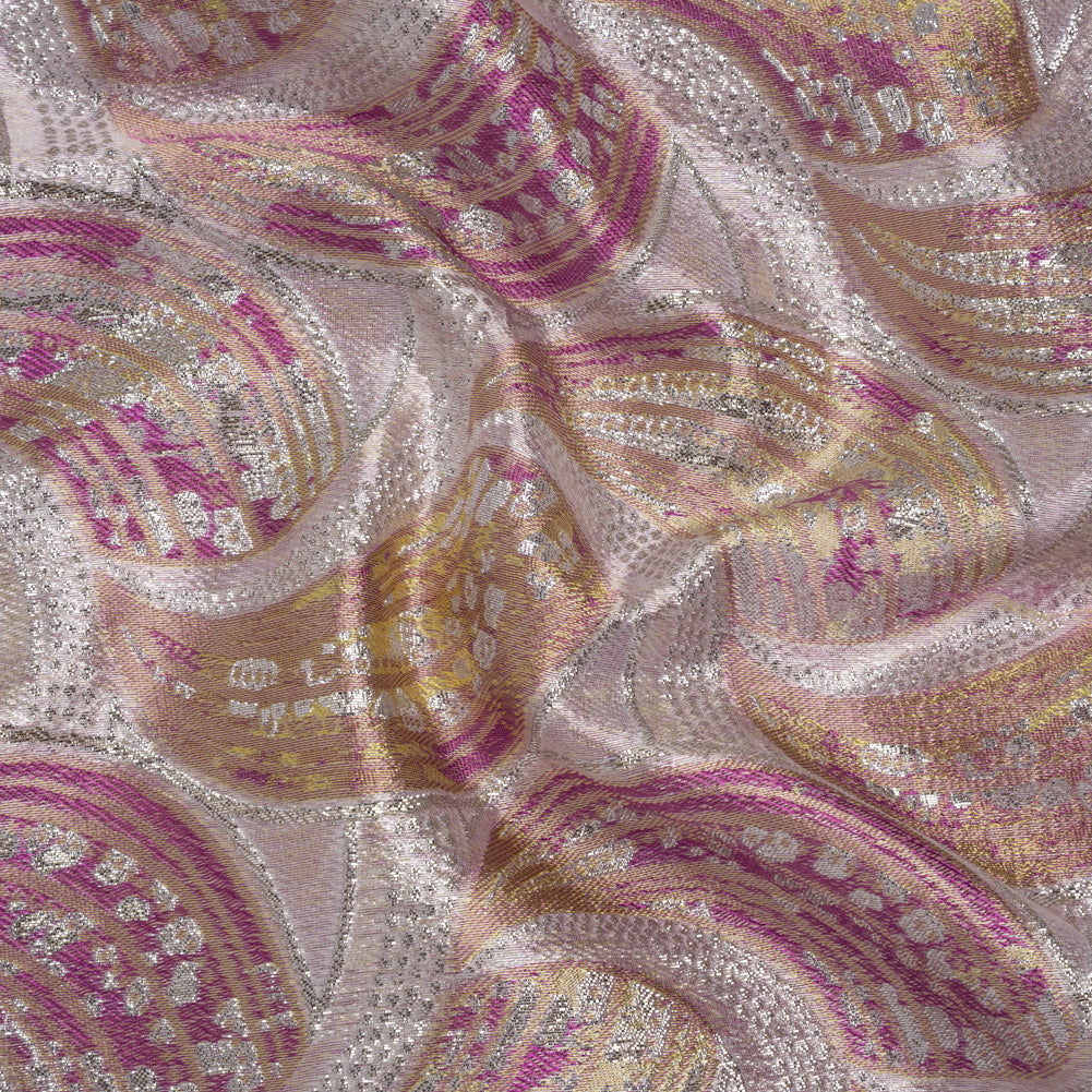 Metallic Polyester Brocade - Pink, Yellow and Silver Abstract Swooshes - Deadstock Metallic Polyester Brocade - Pink, Yellow and Silver Abstract Swooshes - Deadstock